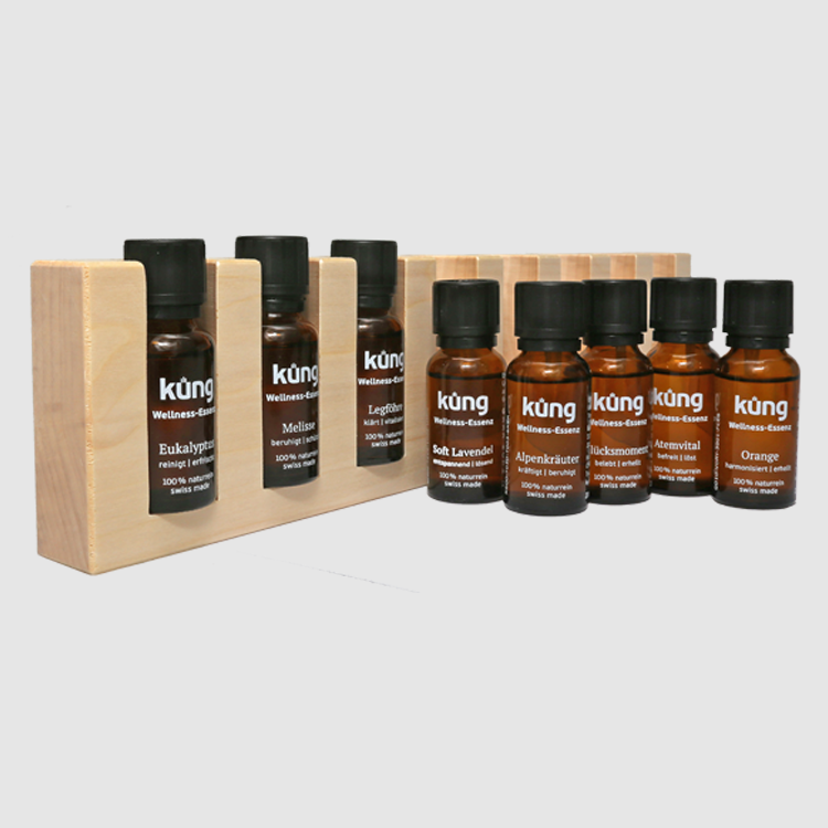Coffret cadeau avec 8 essences bien-être Küng de 20 ml chacune